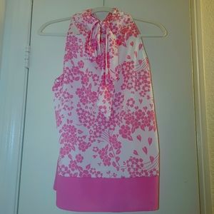 New York & Company Sleeveless blouse White/Pink with pink blossoms and tie neck